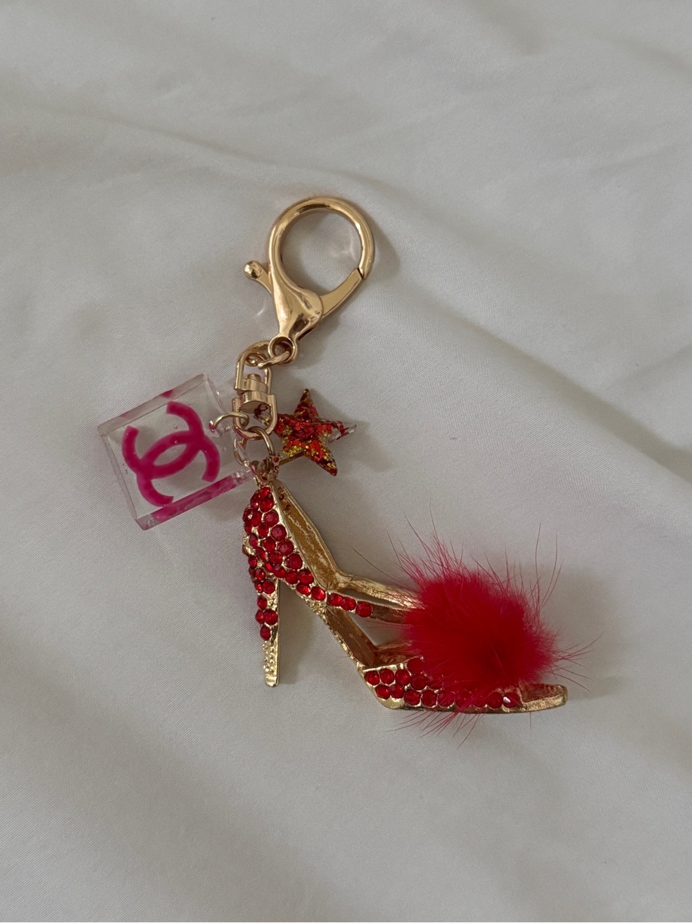 Gold-Tone High Heel Key & Card Holder Charm with Red Pom